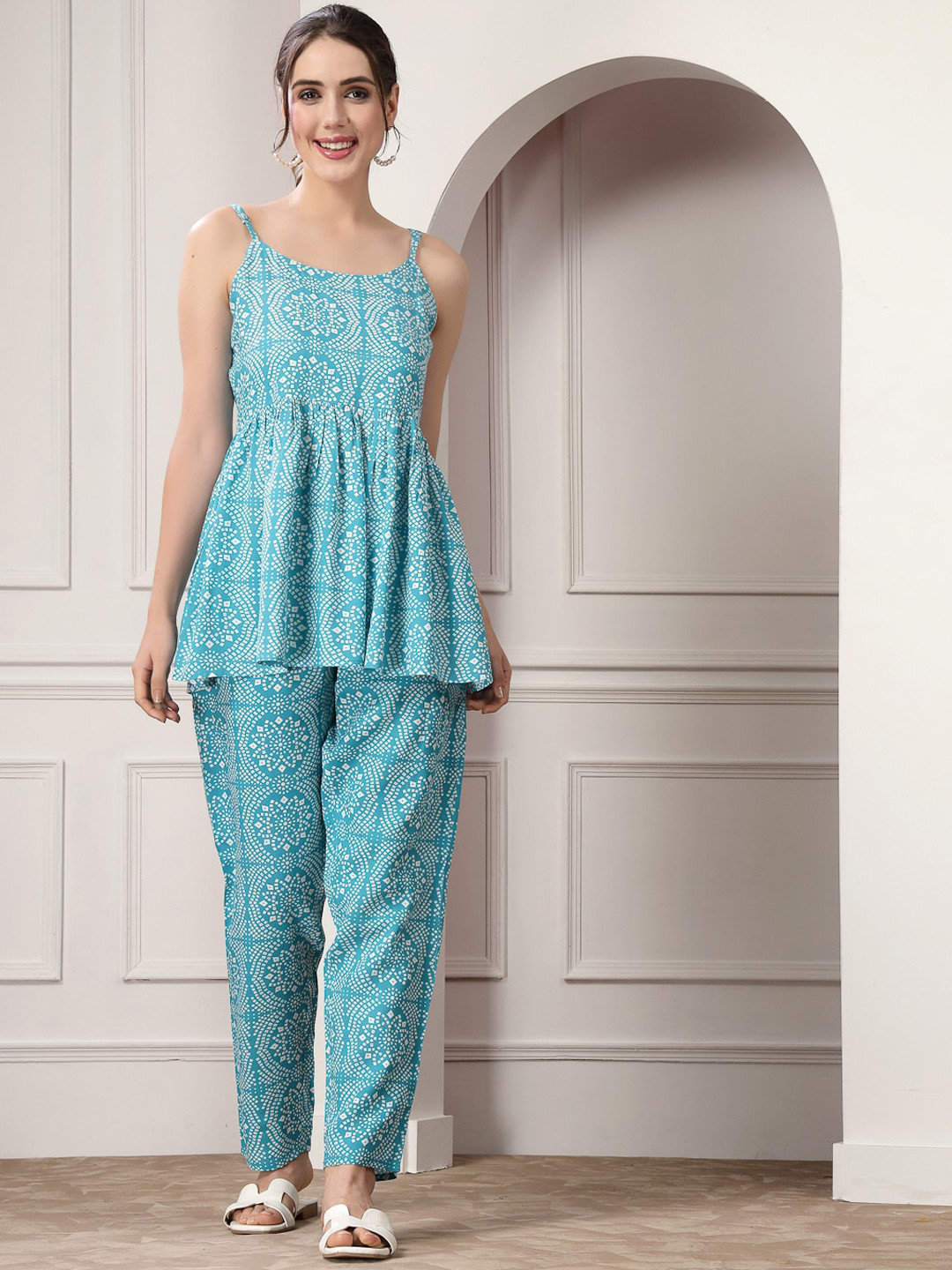 Stylum Turquoise Blue Printed Shoulder Straps Top With Trouser