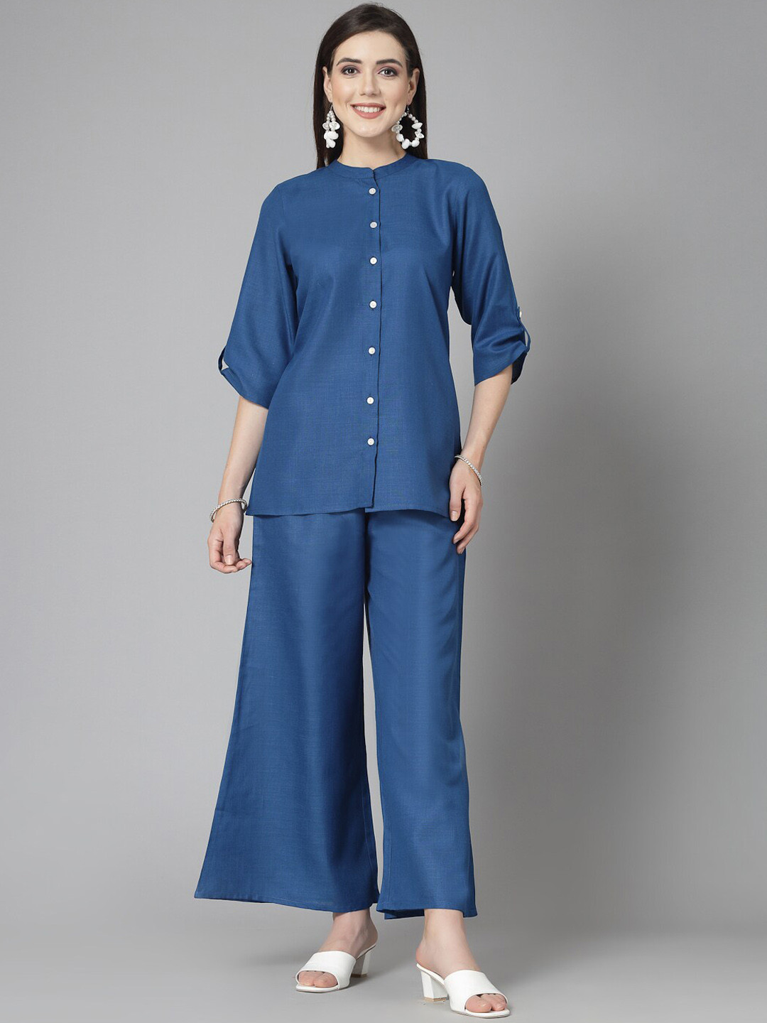 Stylum Mandarin Collar Neck Shirt With Flared Palazzos Co-Ords