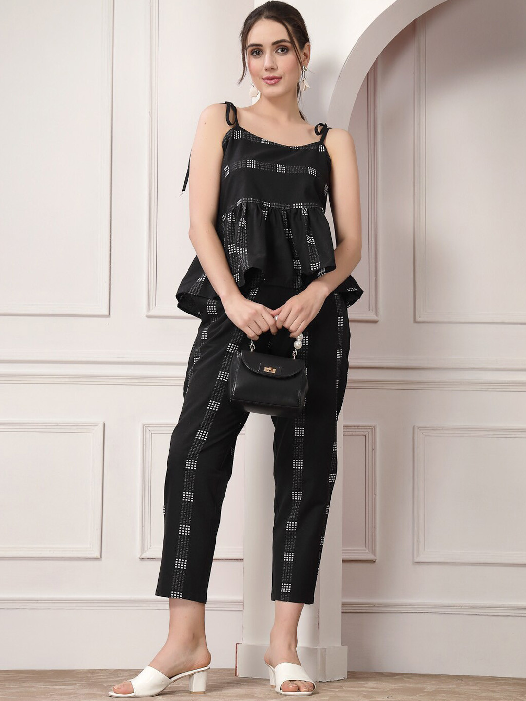 Stylum Black & White Striped Shoulder Strap Top With Straight Trousers Co-Ords