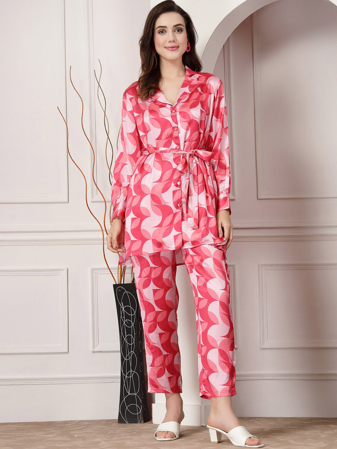 Stylum Pink & White Floral Printed Cuban Collar Shirt With Straight Trousers