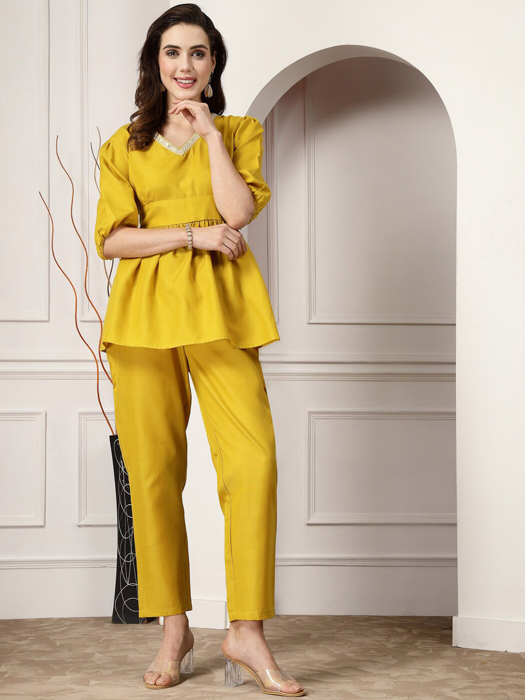 Stylum Mustard Yellow Embroidered Mirror Work Top With Trousers  Co-Ord set