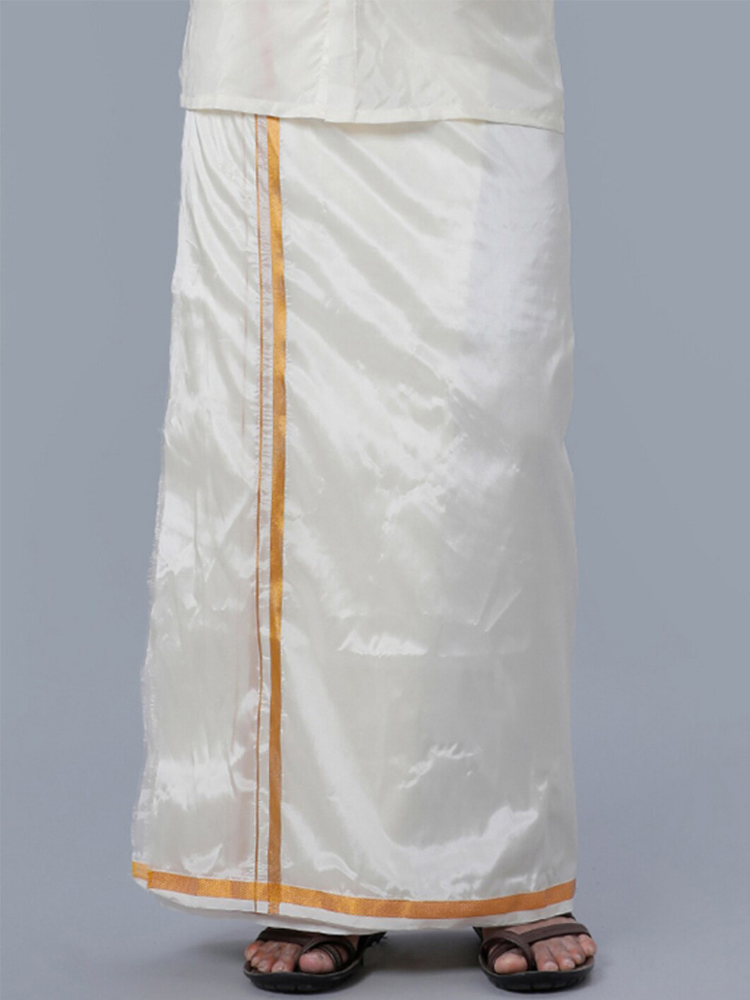 Ramraj Men Art Silk Cream Solid Gold Jari Border Double Layer Dhoti