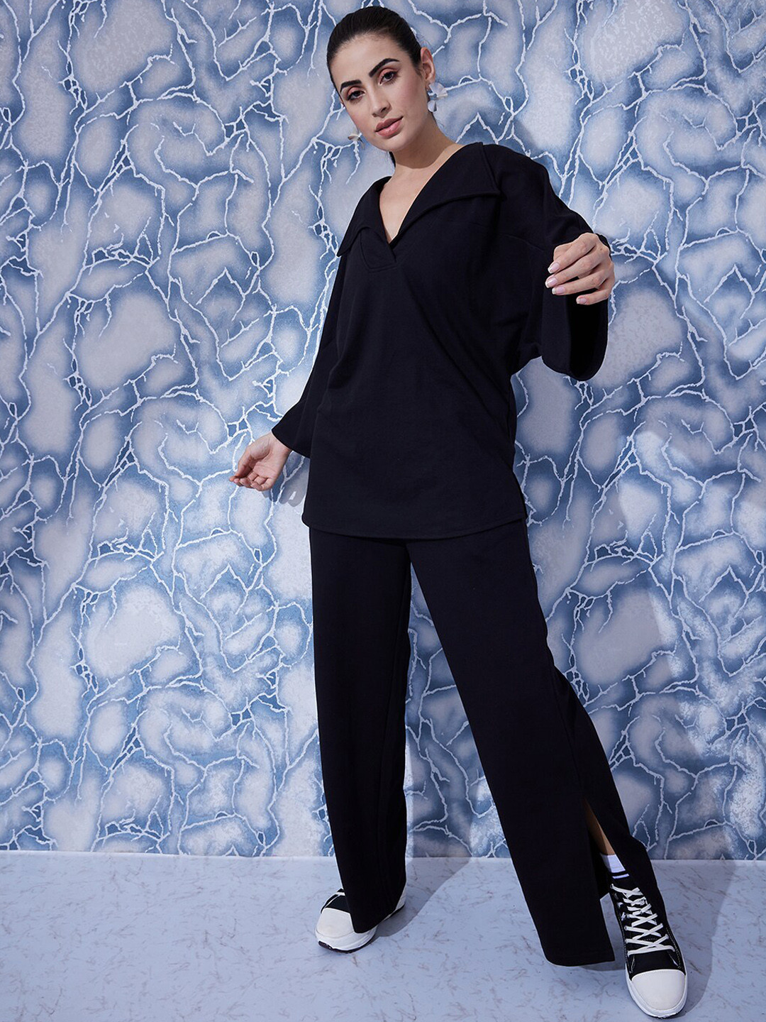 Athena Black V-Neck Top With Slit Trousers Co-Ords