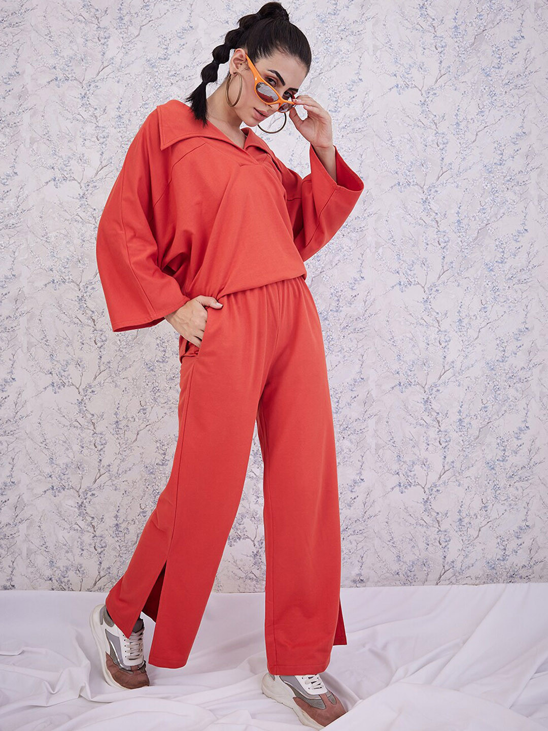 Athena Spread-Collar Top With Side Slit Straight Trouser Co-Ords