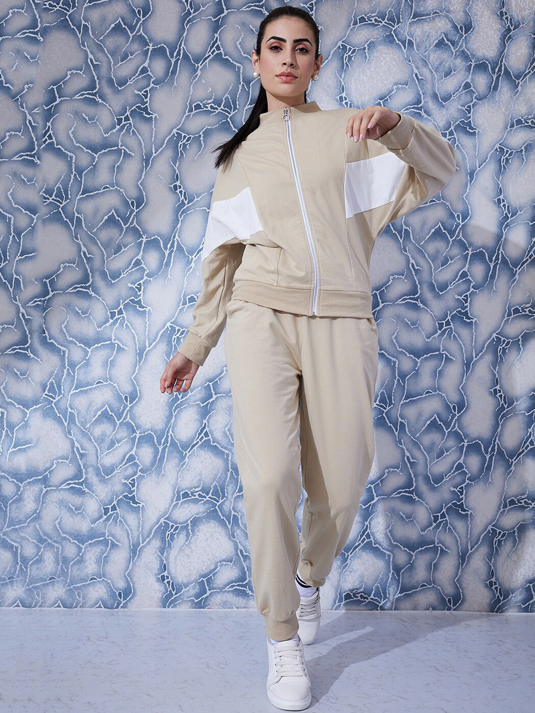 Athena Beige Colourblocked Sweatshirt With Joggers