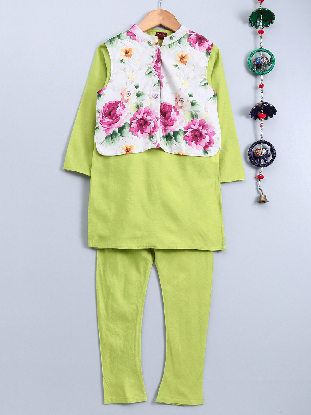 Twisha Infant Boys Straight Kurta With Pyjama & A Floral Printed Waistcoat