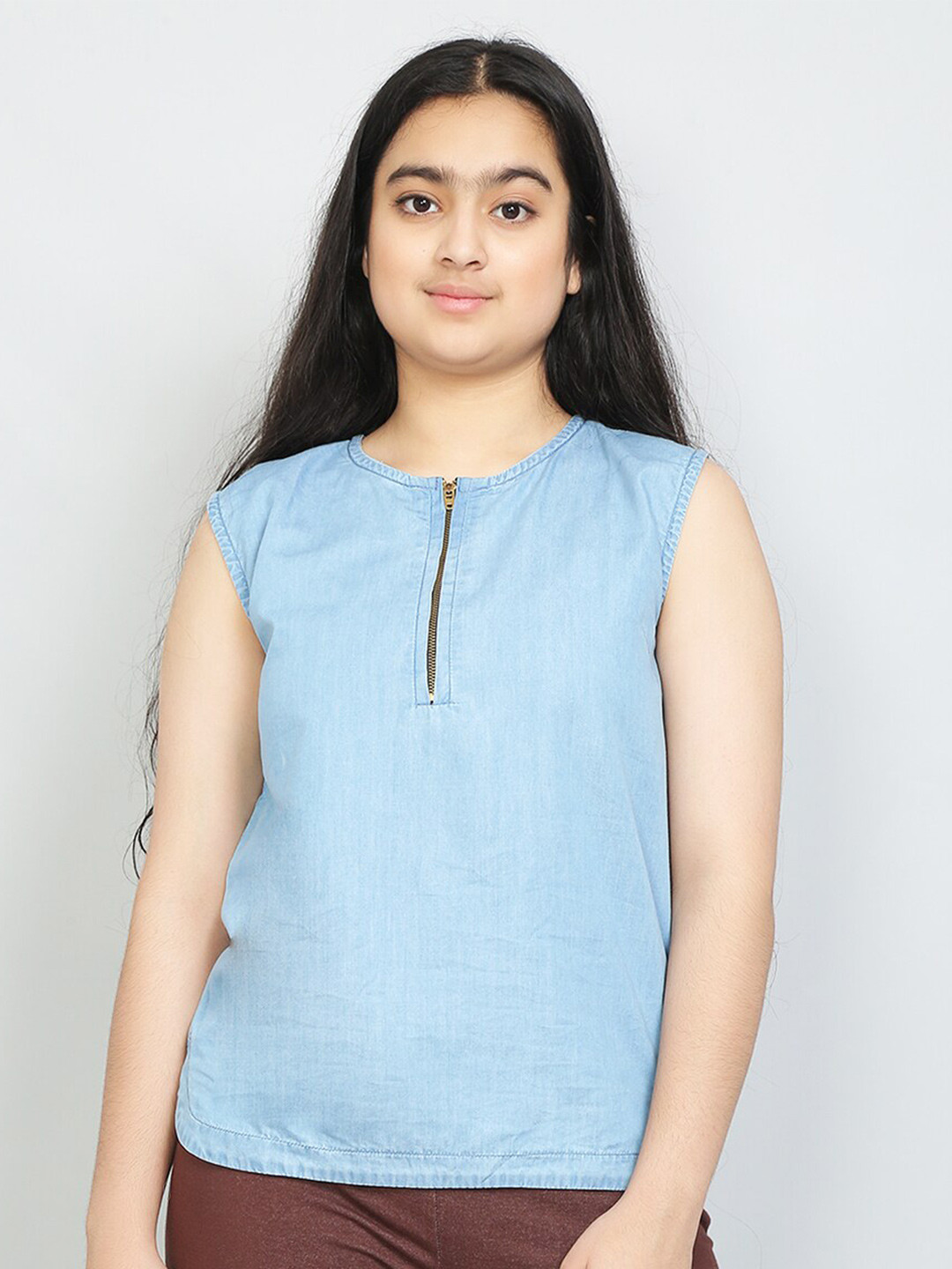VYN Girls Half Zipper Denim Cotton Top