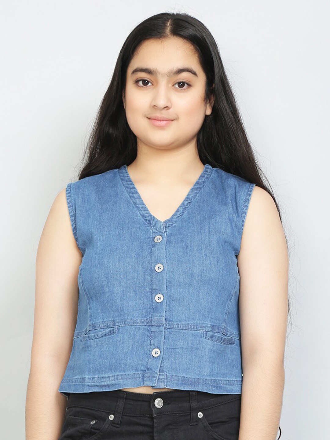 VYN Girls V-Neck Denim Cotton Crop Top