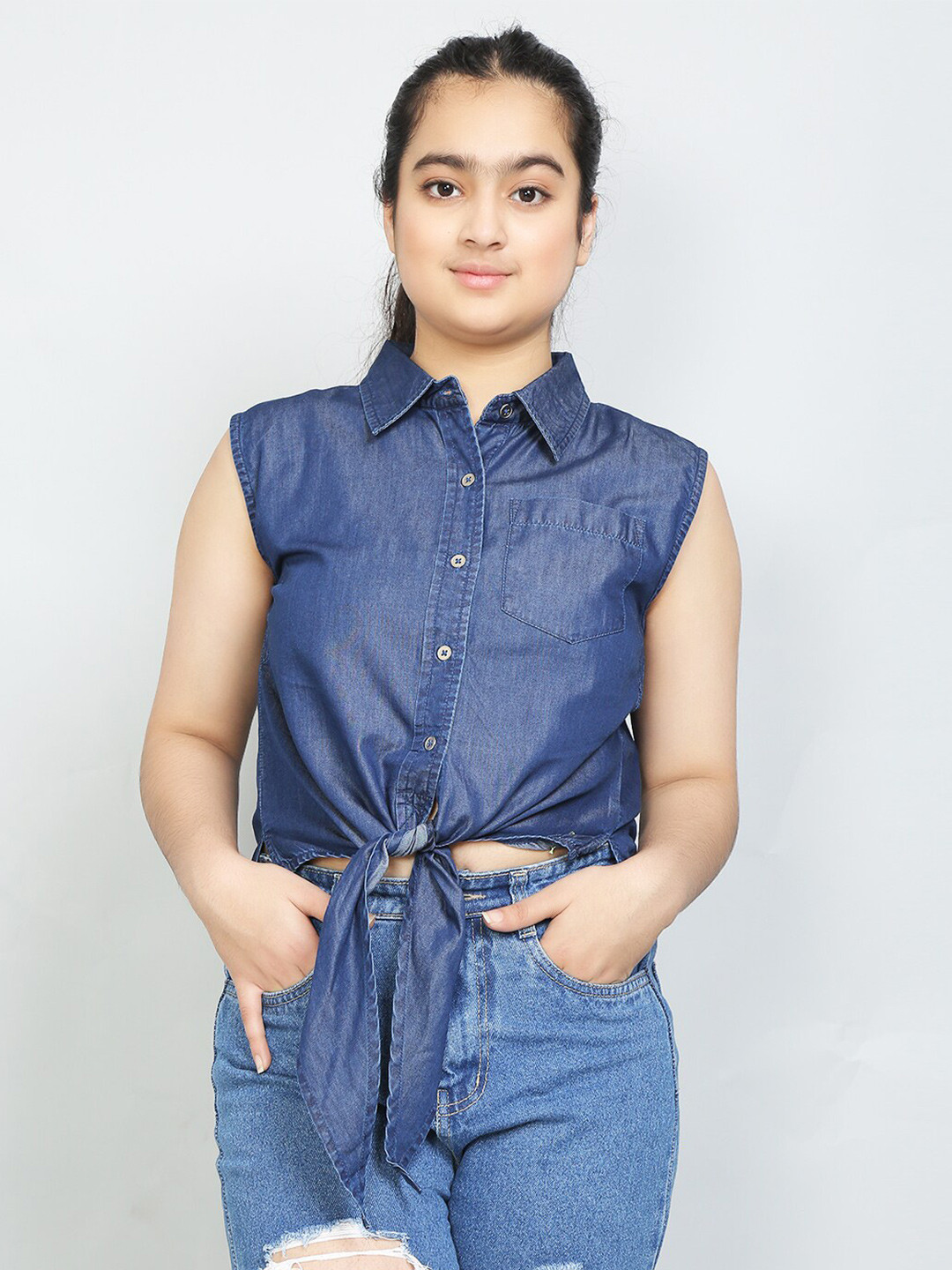 VYN Girls Shirt Collar Sleeveless Waist Tie-Ups Denim Cotton Shirt Style Top