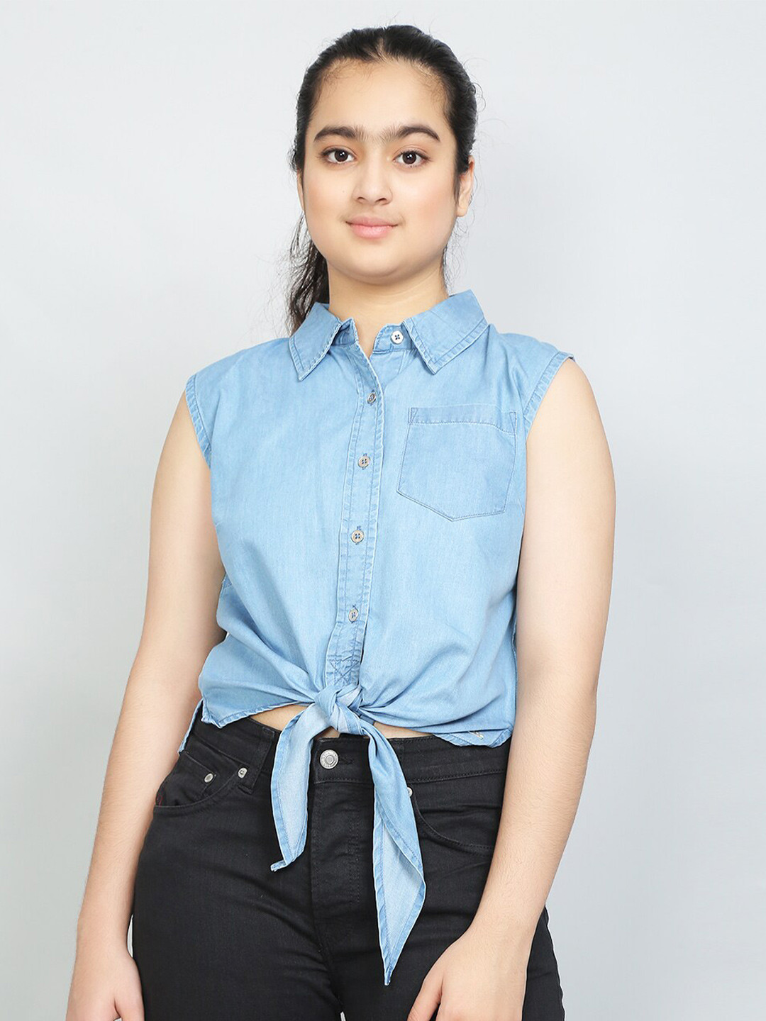 VYN Girls Shirt Collar Sleeveless Waist Tie-Ups Denim Cotton Shirt Style Top