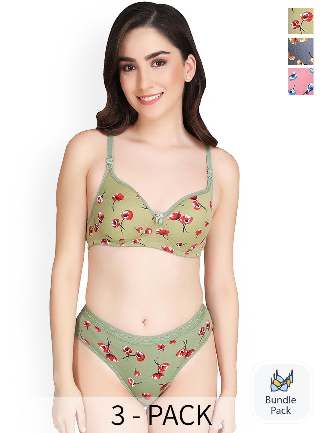 PIBU Pack Of 3 Floral Printed Cotton Lingerie Set