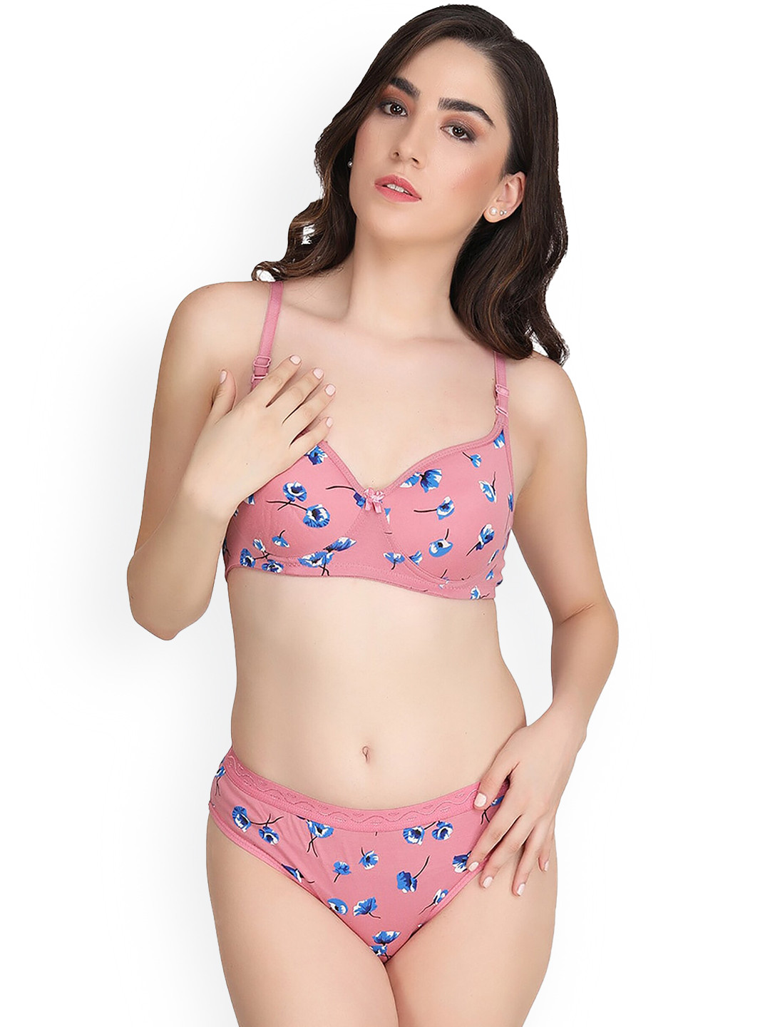 Aamarsh Floral Printed Mid-Ris Non Padded Cotton Lingerie Set A_A-Kali Set_Pink_30