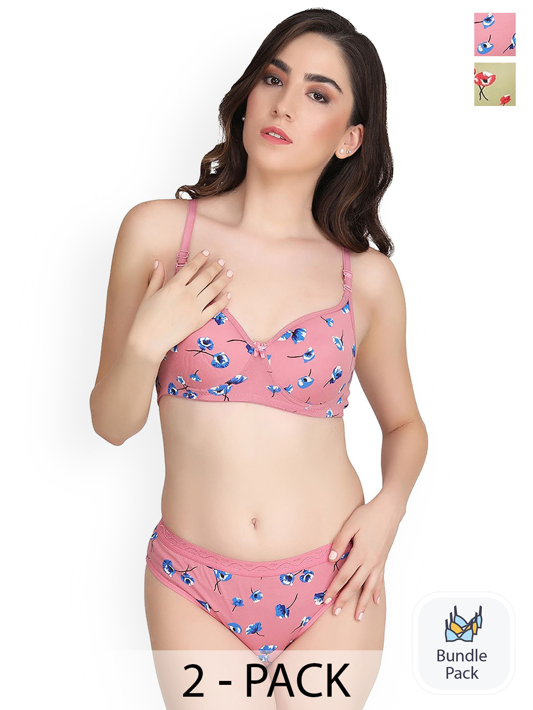 Aamarsh Pack Of 2 Floral Printed Mid-Rise Cotton Lingerie Set A_A-Kali Set_Pink,Green_30