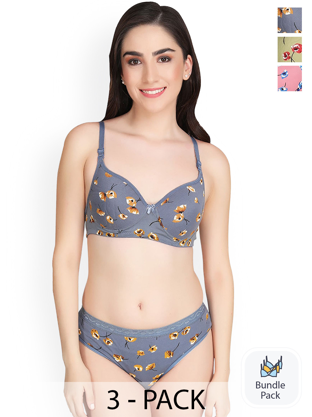 Aamarsh Pack Of 3 Floral Printed Cotton Lingerie Set A_A-Kali Set_Green,Grey,Pink_30