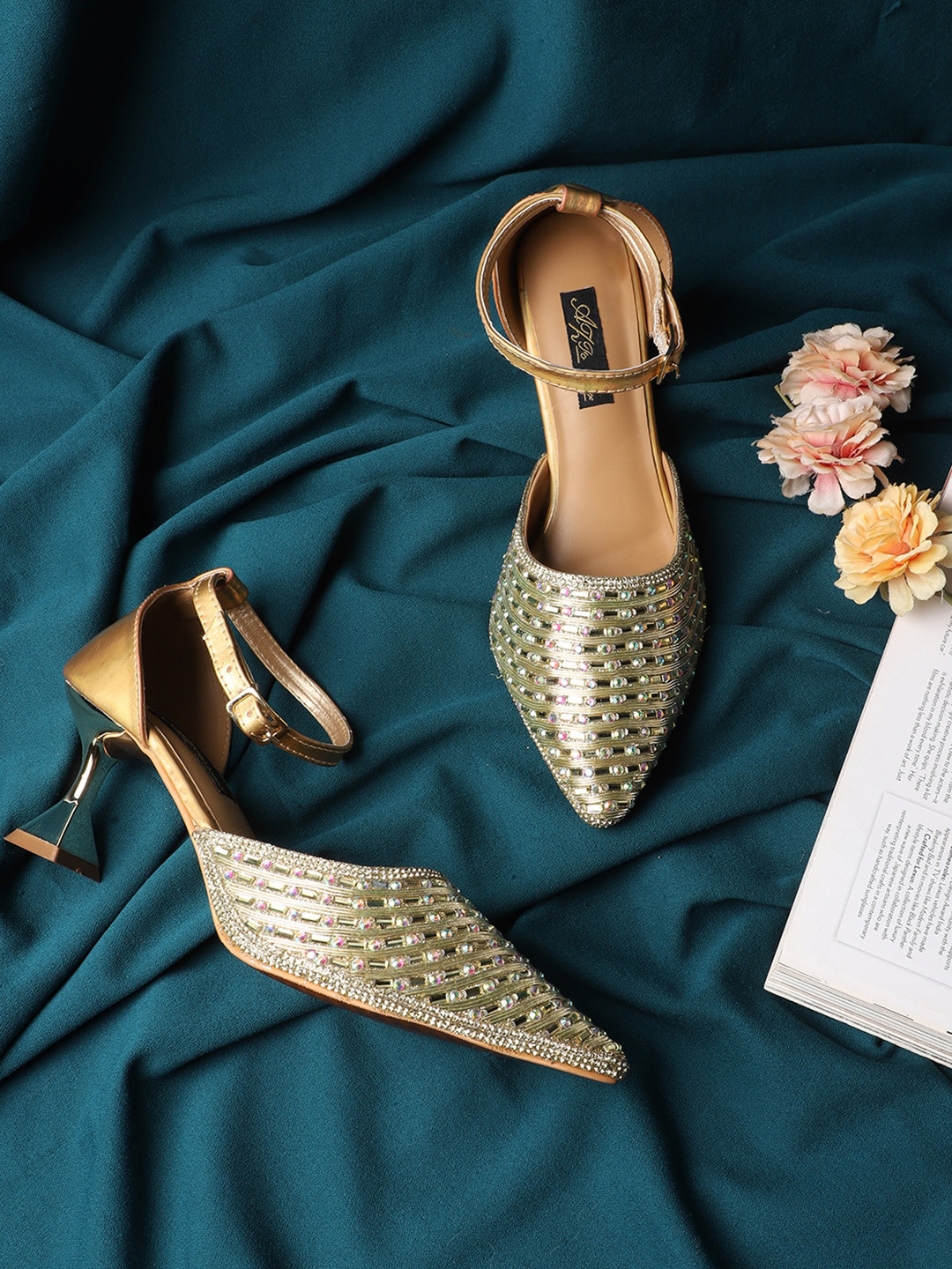 AZ Footwear Pointed Toe Embellished Party Block Heels With Ankle Loop