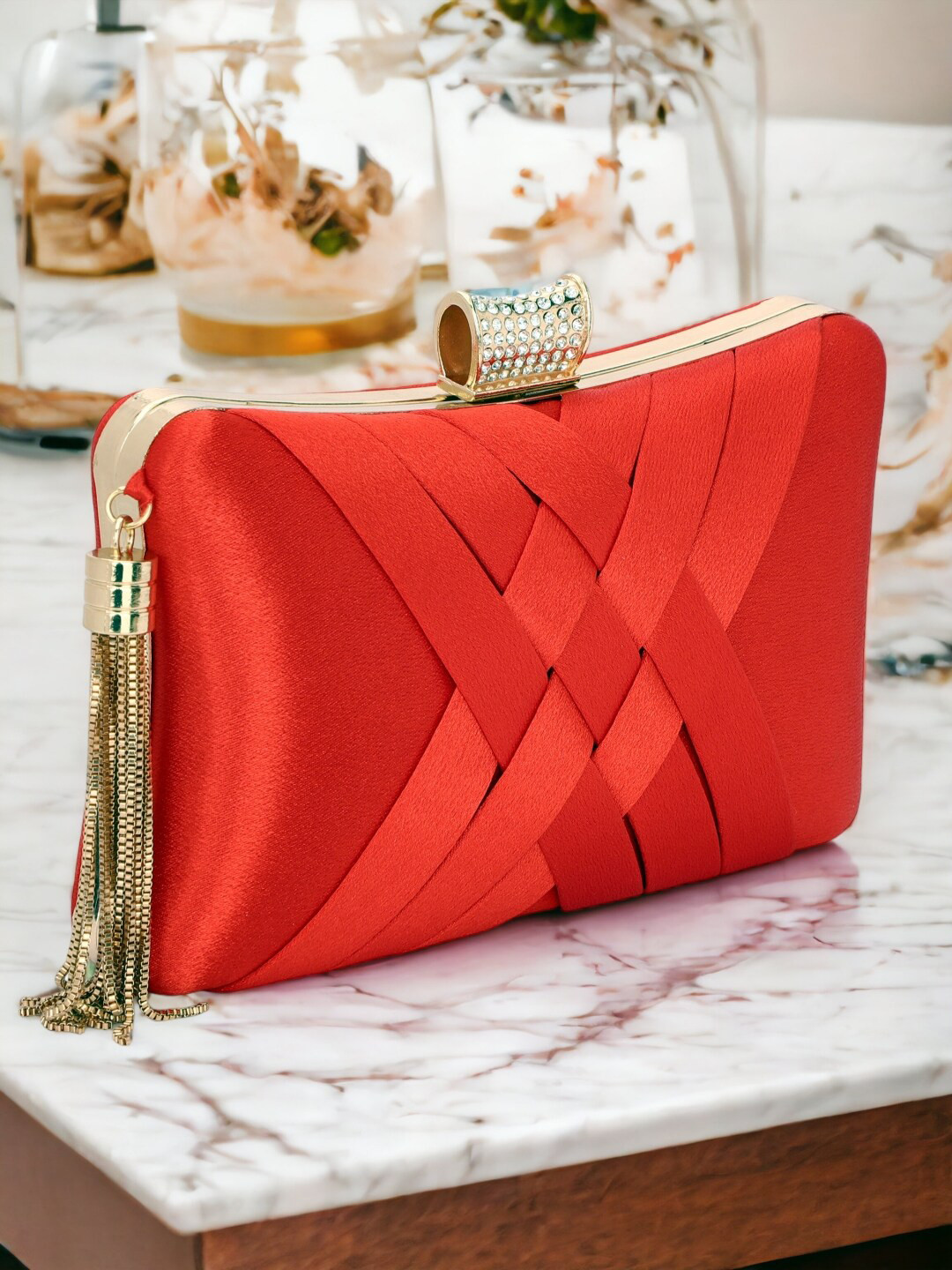 Toobacraft Red Textured Embellished Box Clutch