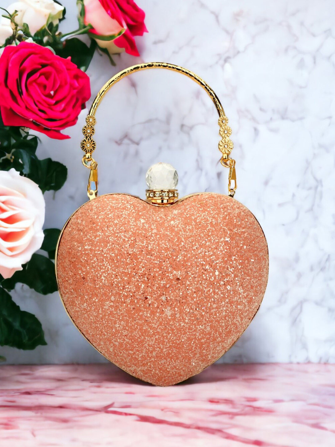 Toobacraft Pink & Gold-Toned Embellished Heart Shape Clutch