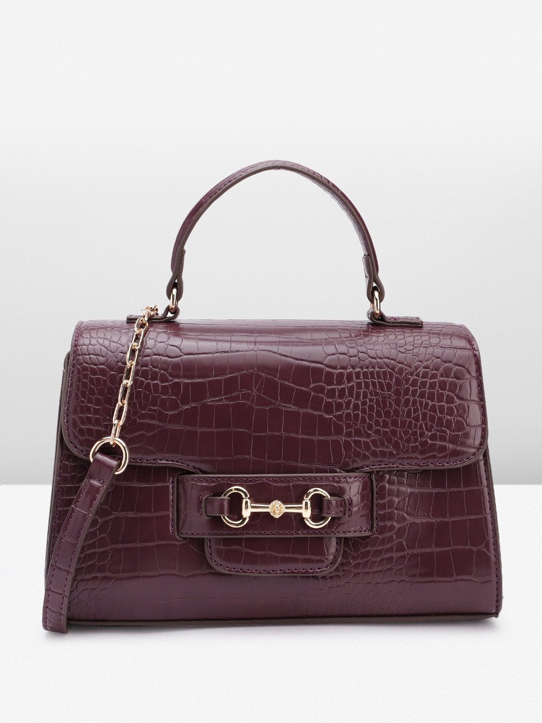 ANNE KLEIN Croc Textured Structured Satchel Bag with Horse Bit Detail