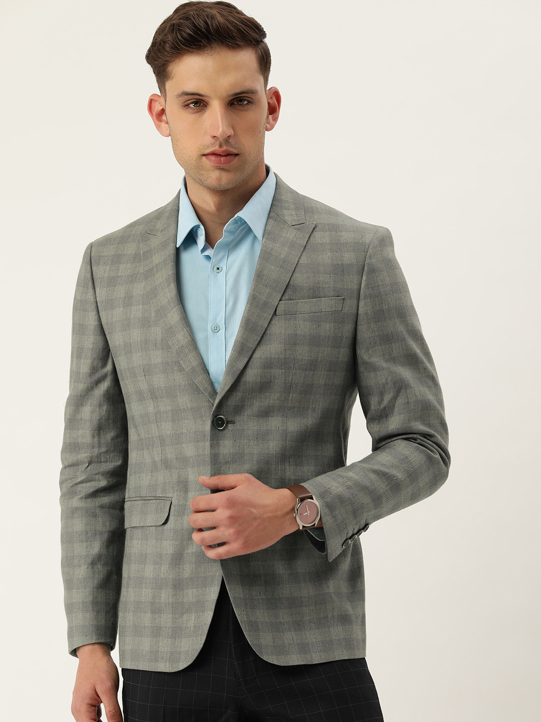 Peter England Elite Linen Cotton Checked Neo Slim Fit Single Breasted Formal Blazer