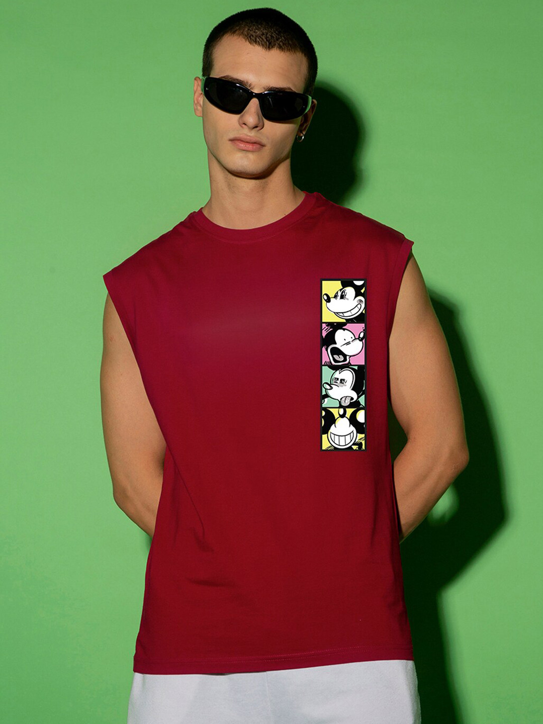 Bewakoof Red Mickey Mouse Printed Boxy Fit Sleeveless Pure Cotton Gym Vest 605665