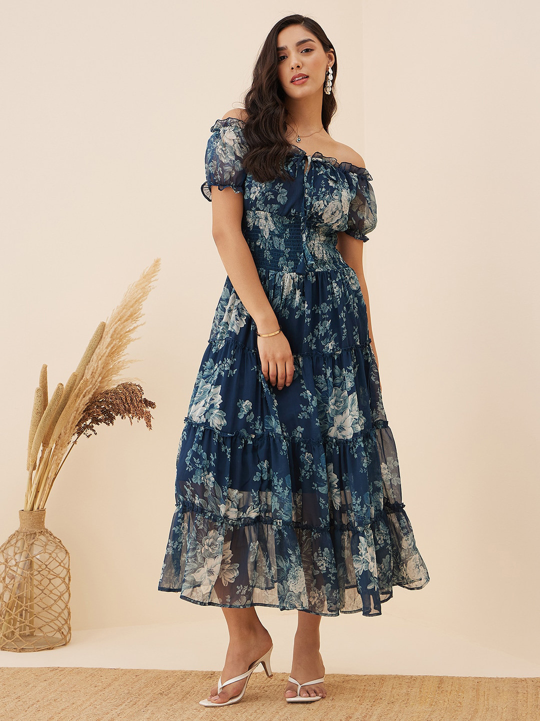 RARE Navy Blue Floral Print Off-Shoulder Puff Sleeve Smocked Maxi Dress