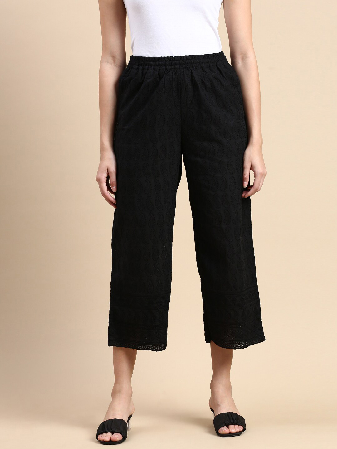 De Moza Paisley Embroidered Cropped Cotton Palazzos