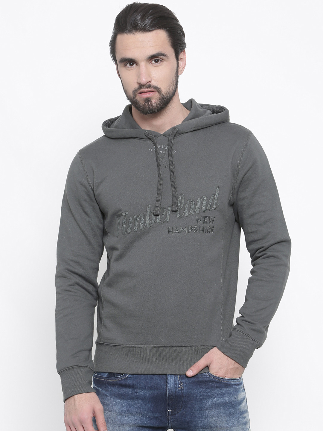 Buy Timberland Men Grey Solid Hooded Sweatshirt - Sweatshirts for 