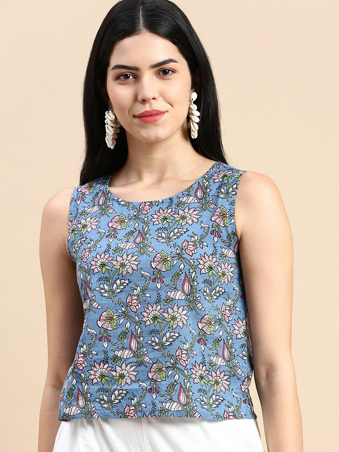 De Moza Floral Printed Sleeveless Cotton Top