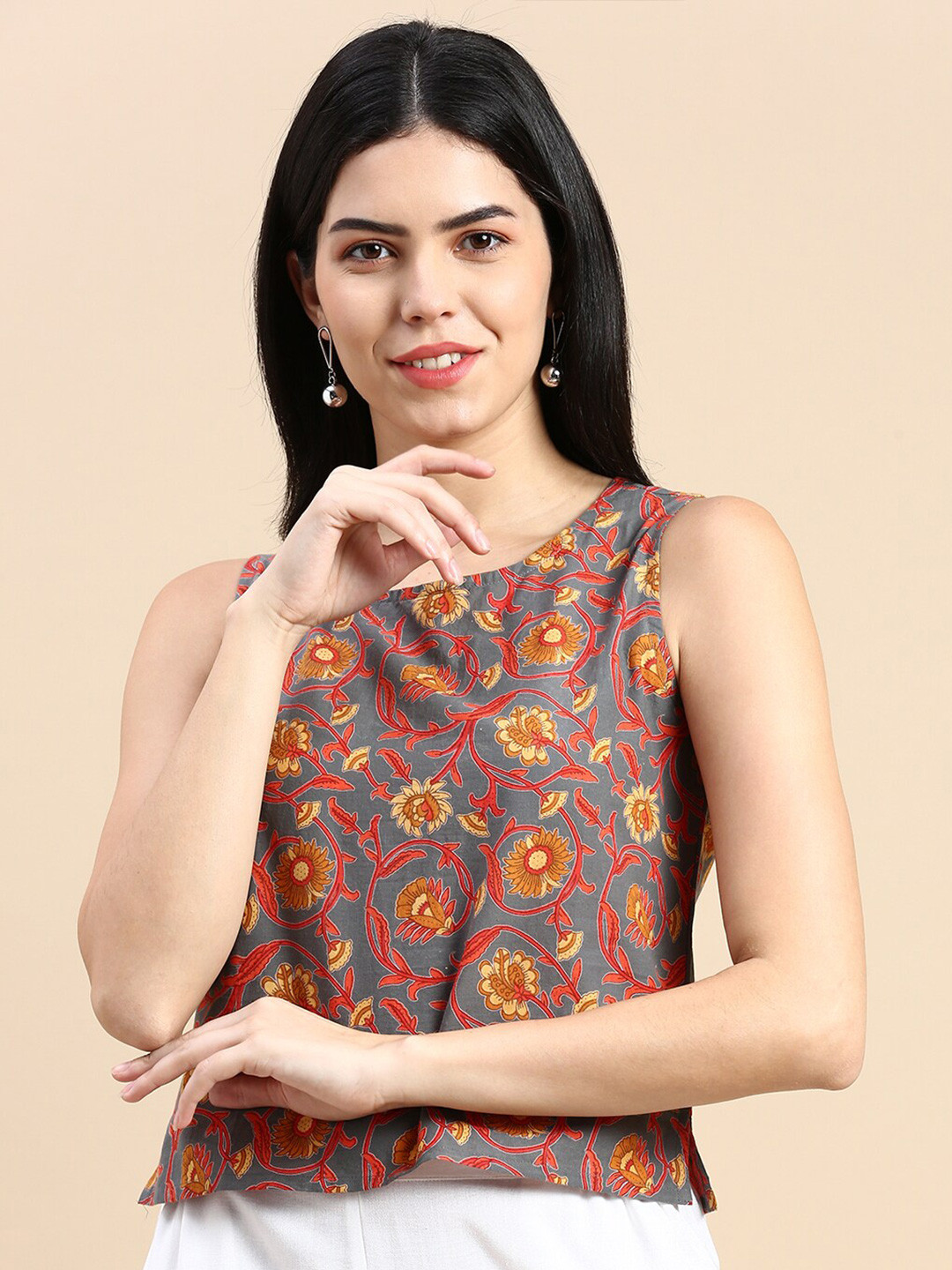 De Moza Floral Printed Sleeveless Cotton Top