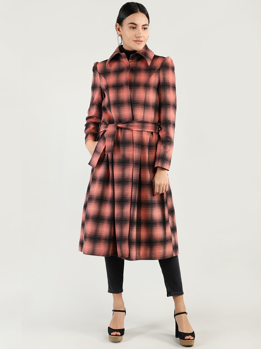 CHKOKKO Spread Collar Checked Longline Trench Coat With A Fabric Belt