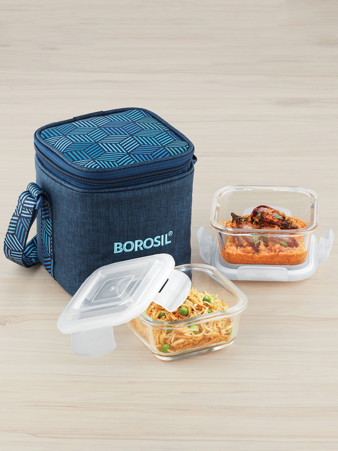 BOROSIL Foodluck Vertical Glass 2PC Lunch Box With Spoon & Fork