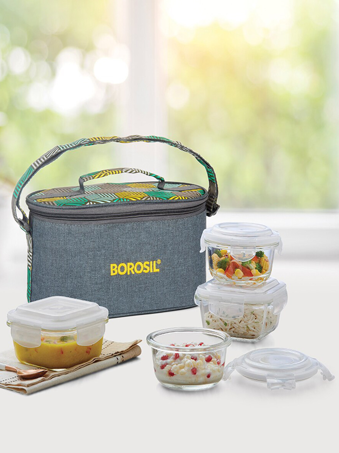 BOROSIL Universal 4-Pieces Olive Green Glass Lunch Box With Bag 320 ml