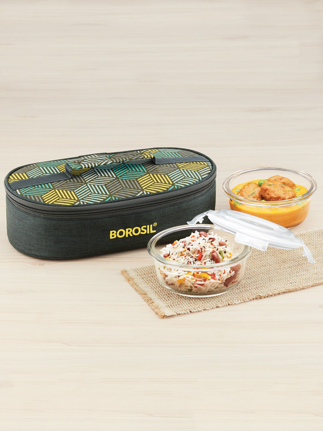 BOROSIL Foodluck Horizontal Glass Leak Resistant 2PCs Lunch Box With Spoon and Fork