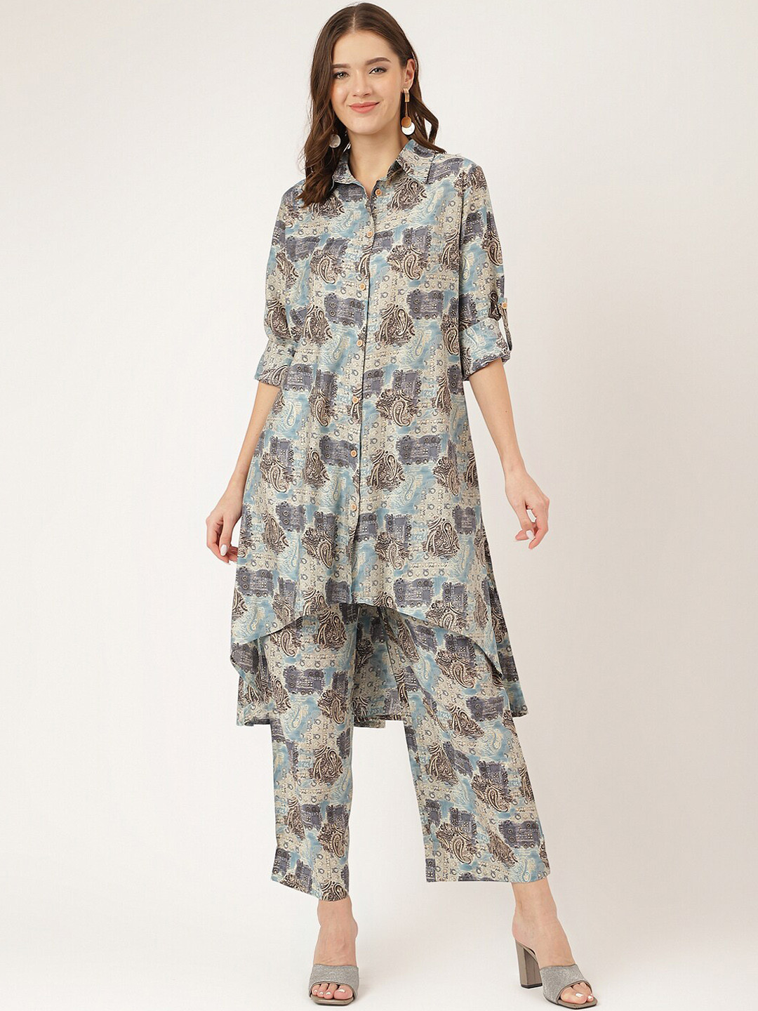 Divena Printed High Low Shirt With Trousers