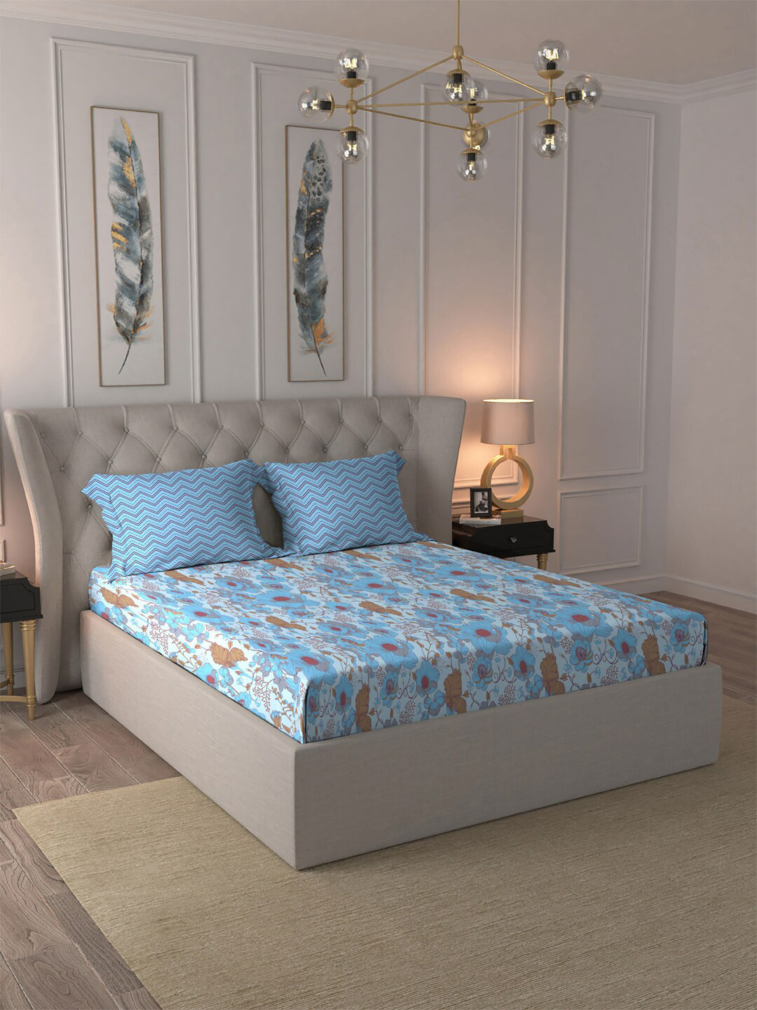 MYTRIDENT Moments Blue Floral Pure Cotton 120 TC Queen Bedsheet with 2 Pillow Covers-90 x 100 inches