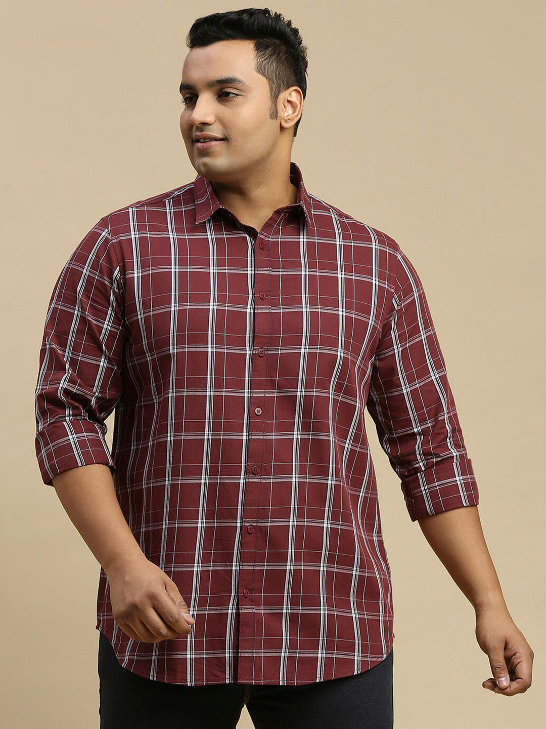 Sztori Plus Size Classic Tartan Checks Spread Collar Long Sleeve Cotton Casual Shirt