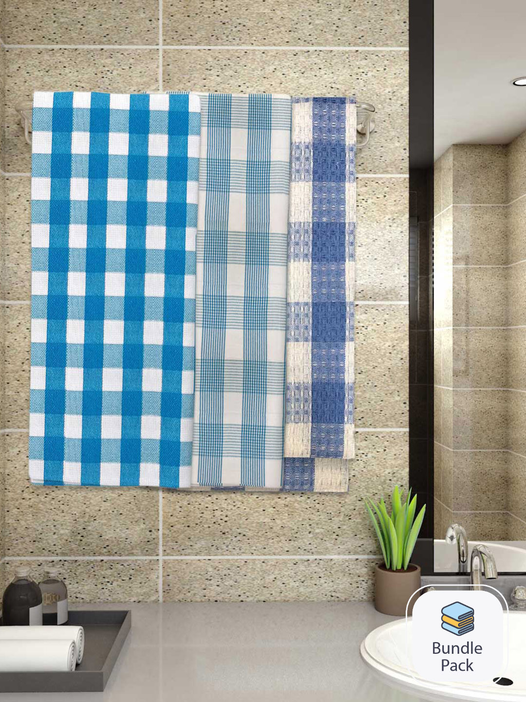 Athom Living 3-Pcs White & Blue Checked 220 GSM Premium Cotton Bath Towels