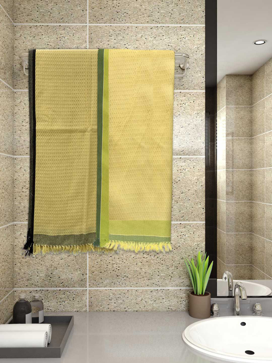 Athom Living 2-Pcs Yellow Waffle Design 220 GSM Premium Cotton Bath Towels