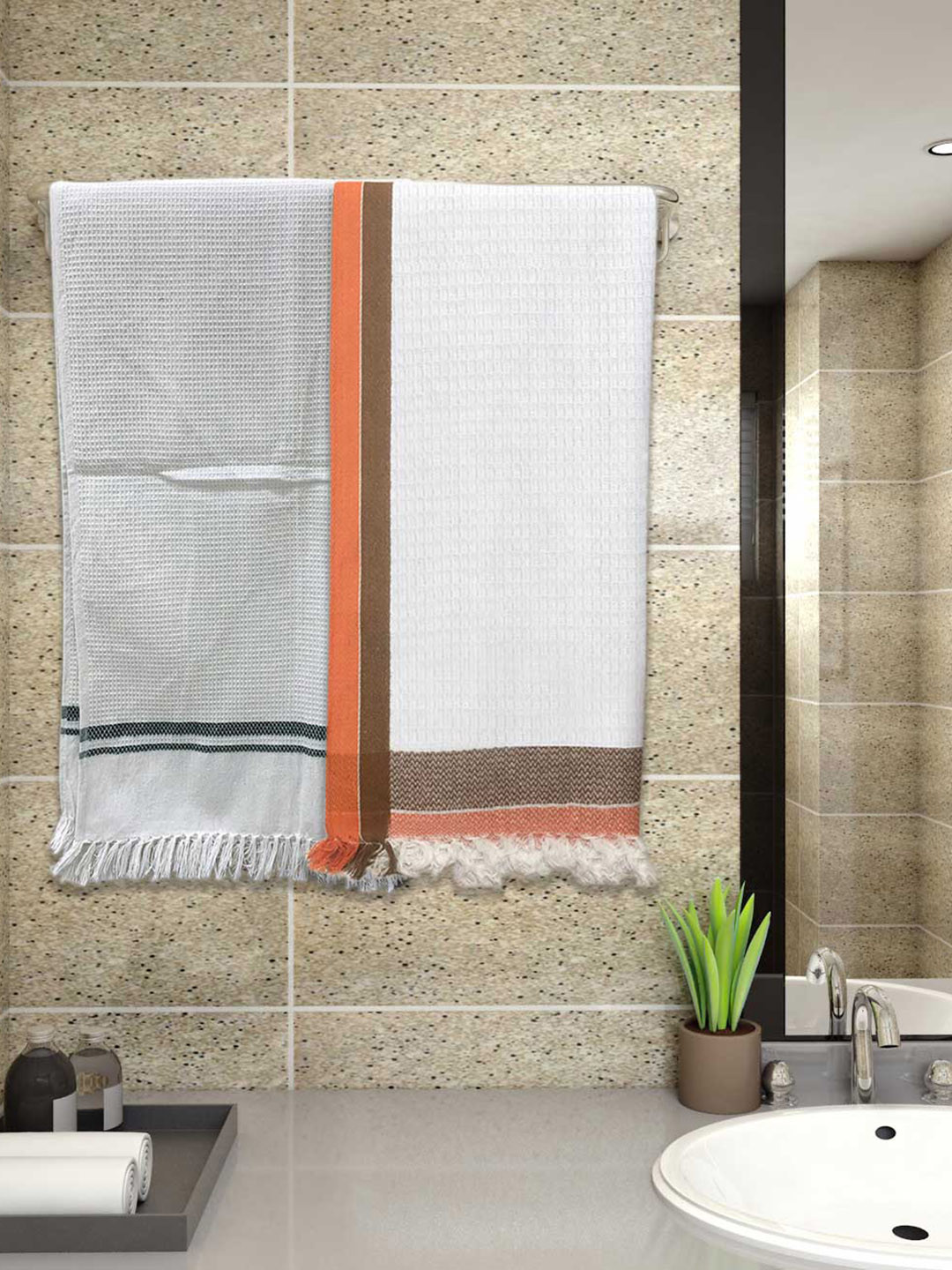 Athom Living White 2-Pieces Waffle Design 220 GSM Premium Cotton Bath Towels