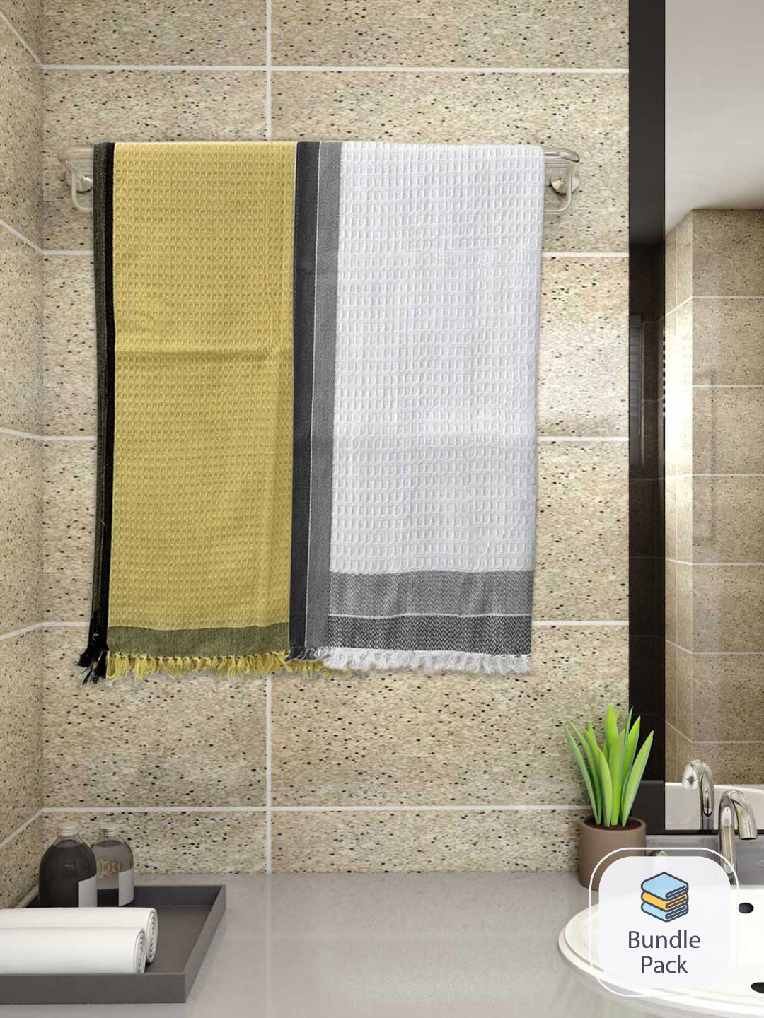 Athom Living White & Beige 2-Pieces Waffle Design 220 GSM Premium Cotton Bath Towels