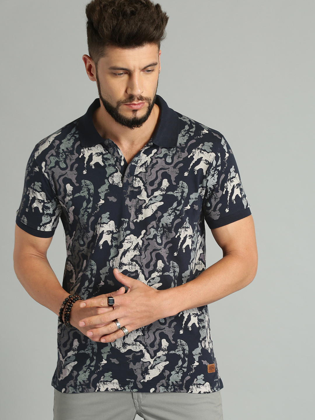 Roadster Men Navy Blue All-Over-Printed Polo Pure Cotton T-shirt