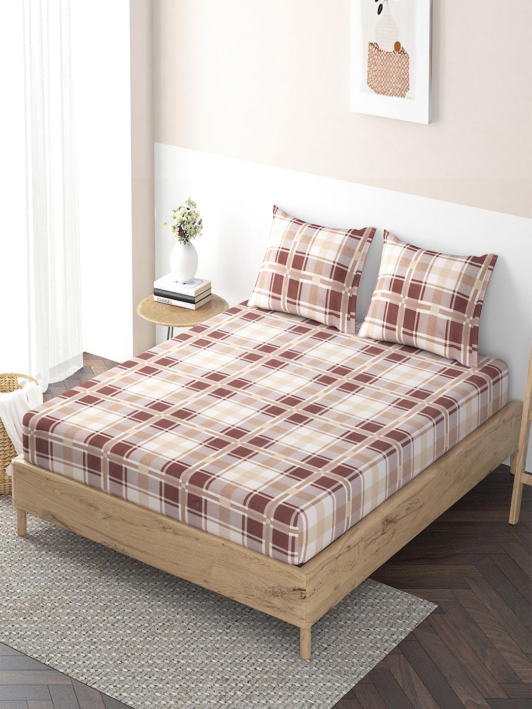 HOKIPO Glace Beige Checked Microfiber 140 TC Fitted Queen Fine Bedsheet with 2 Pillow Covers-78 x 60 inches