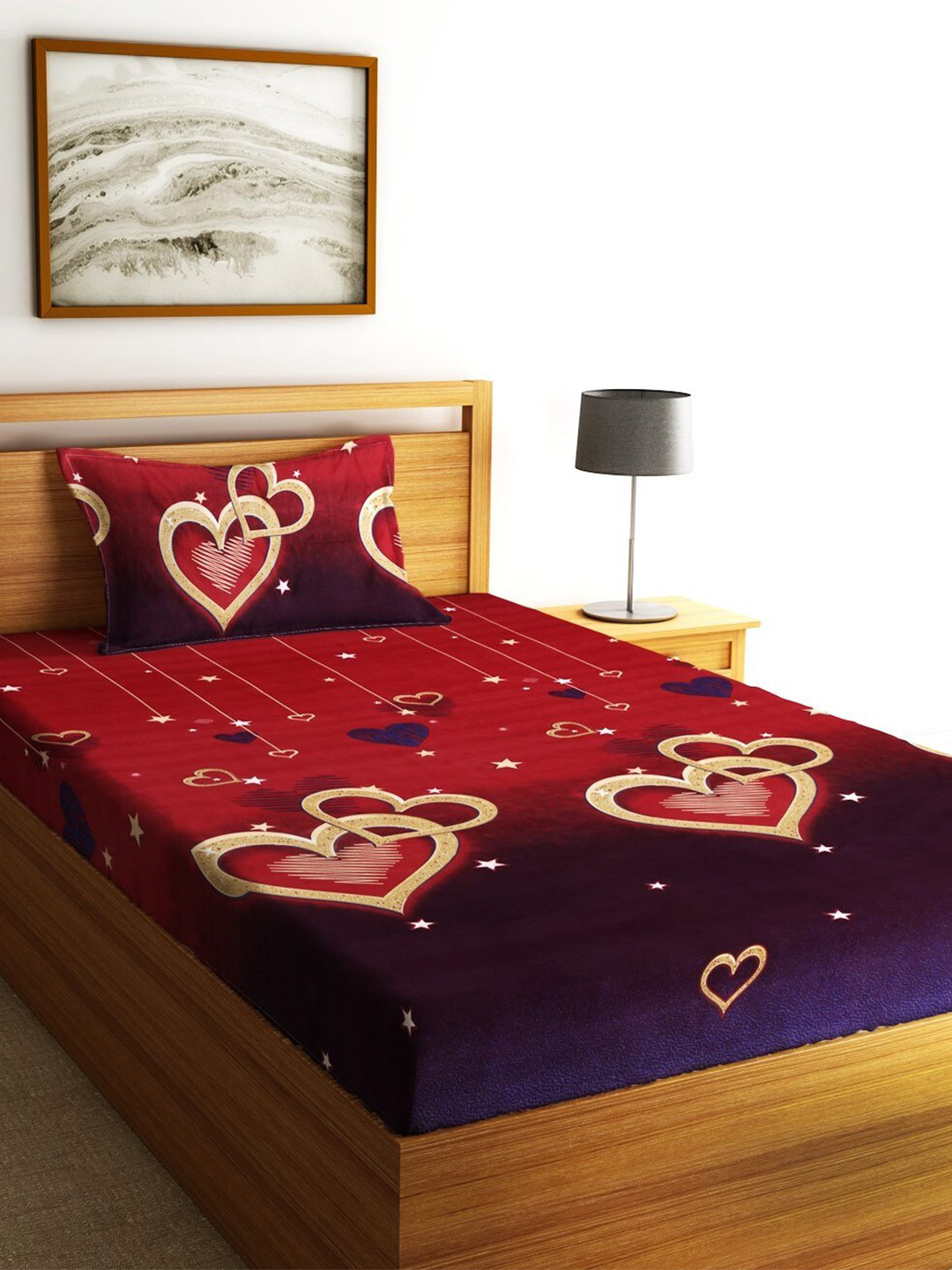 Fashion String Red Conversational Microfiber 144 TC Single Bedsheet with a Pillow Cover-85 x 55 inches