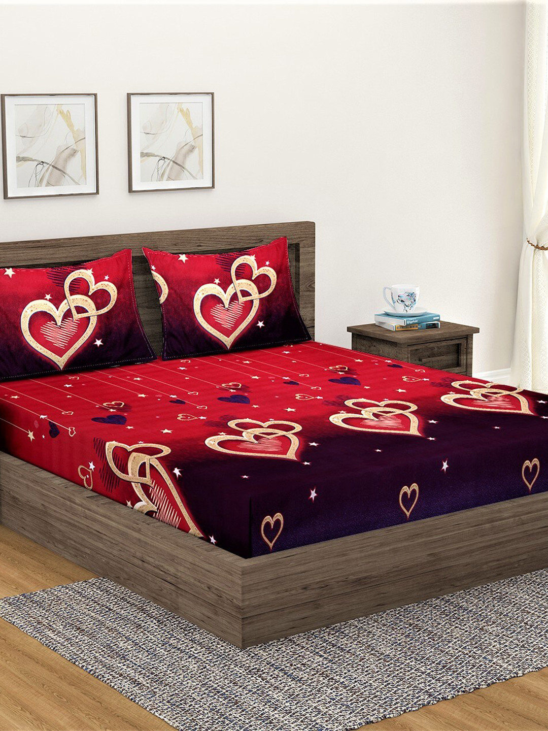Fashion String Red Graphic Microfiber 144 TC Queen Bedsheet with 2 Pillow Covers-85 x 87 inches