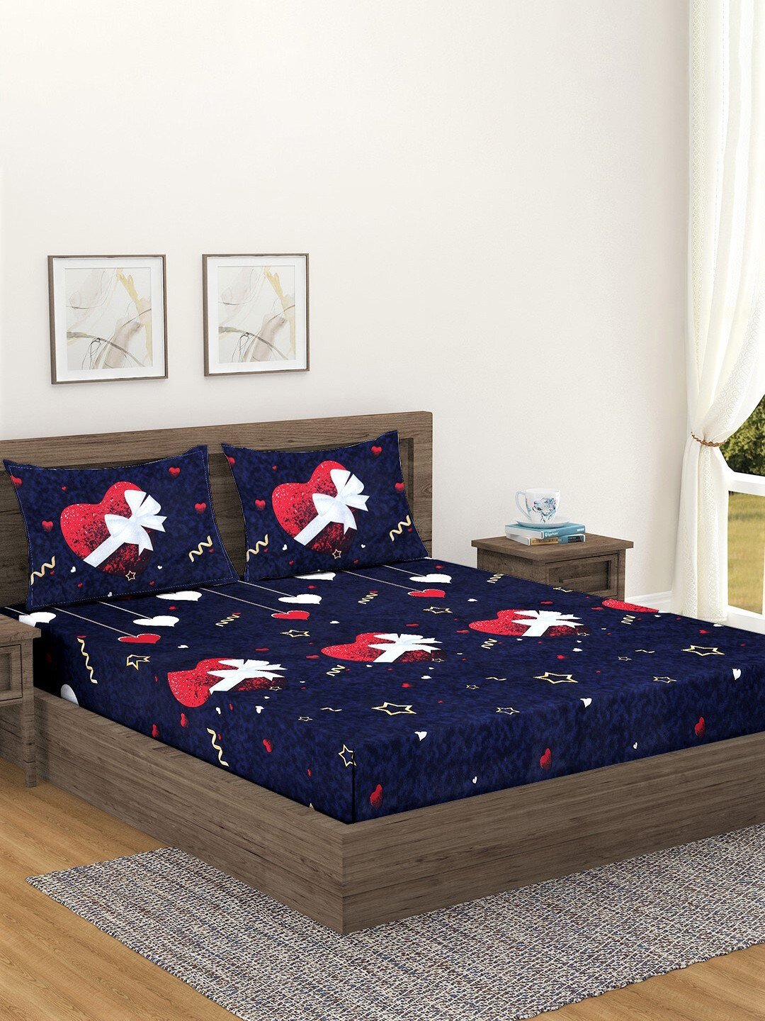 Fashion String Blue Conversational Microfiber 144 TC Queen Bedsheet with 2 Pillow Covers-85 x 87 inches