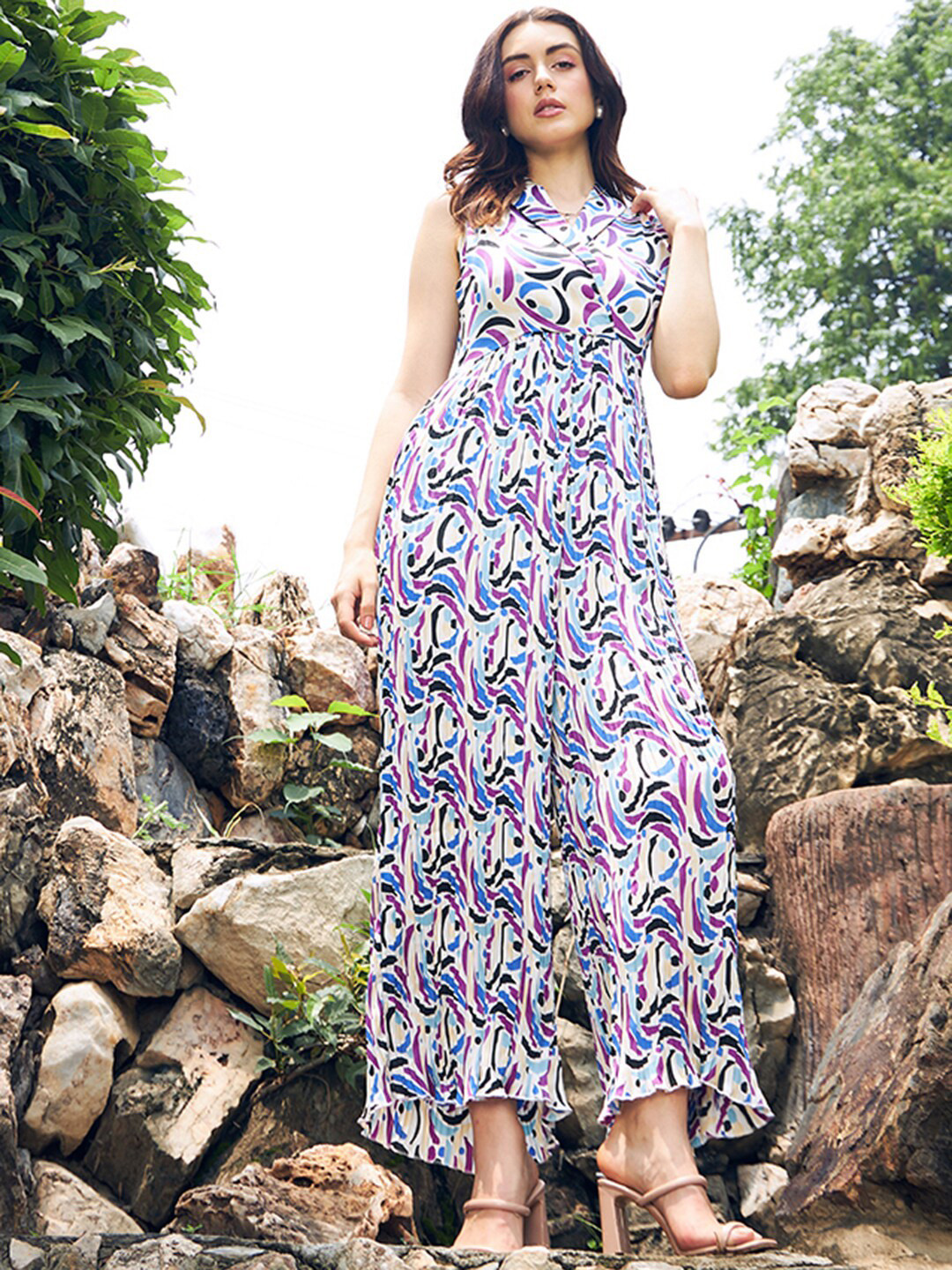 KASSUALLY White & Black Shirt Collar Printed Basic Jumpsuit