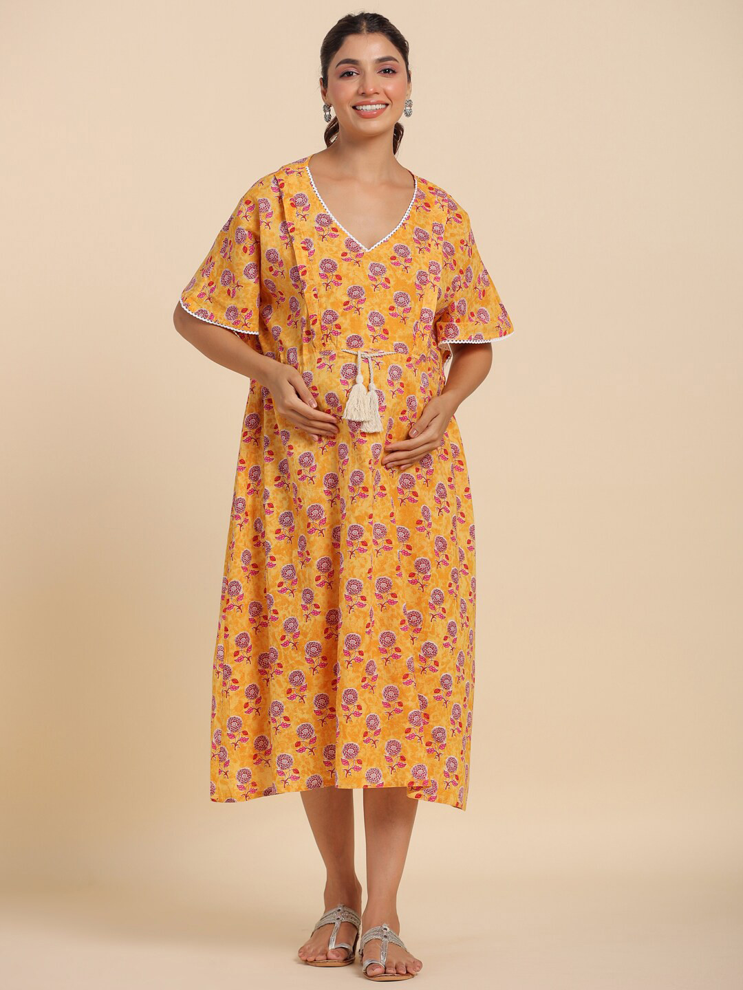 Ikk Kudi by Seerat Floral Printed V-Neck Pure Cotton Maternity Feeding A-Line Midi Dress