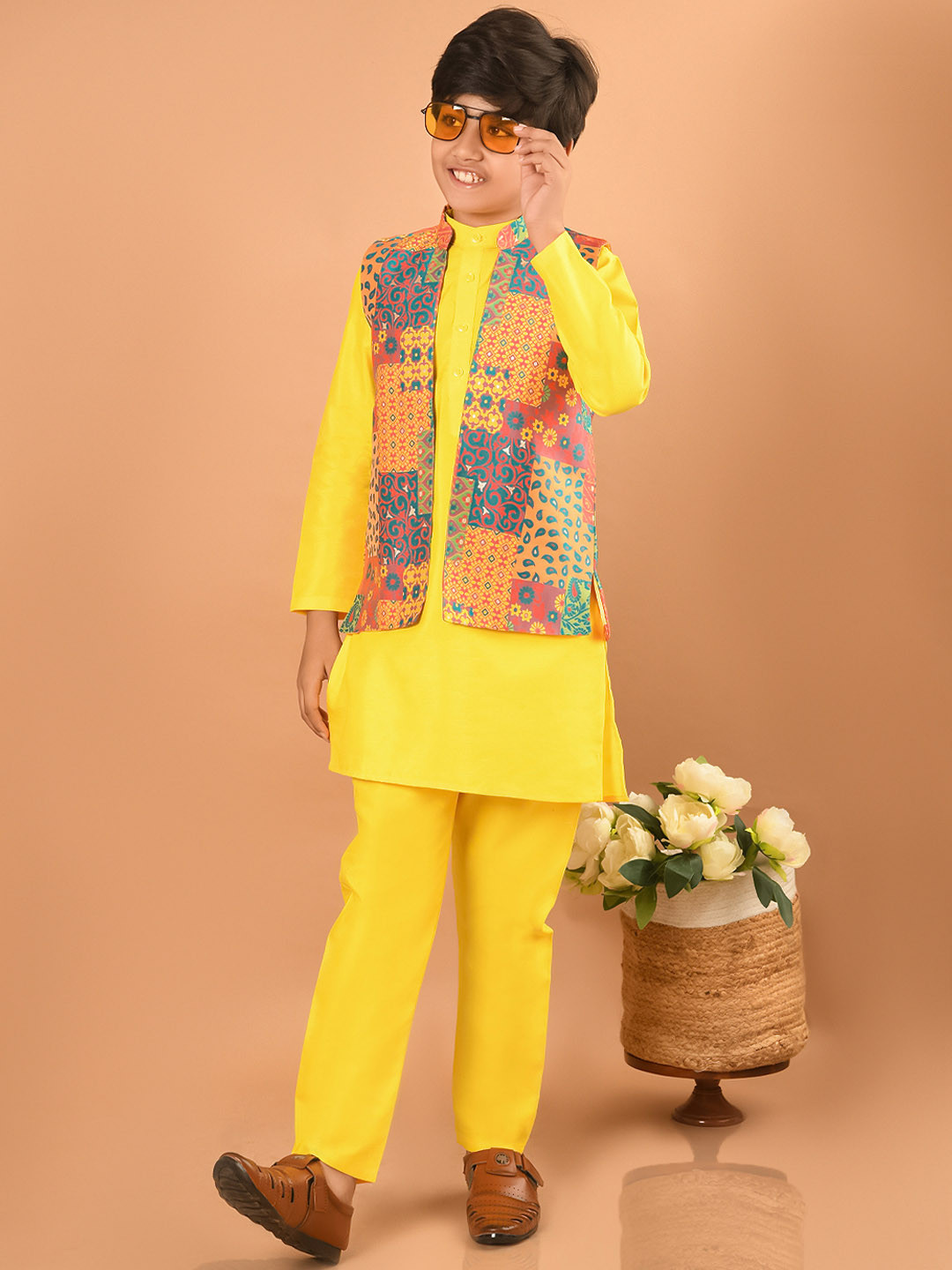 LilPicks Boys Regular Band Collar Kurta & Pyjamas With Printed Jacket