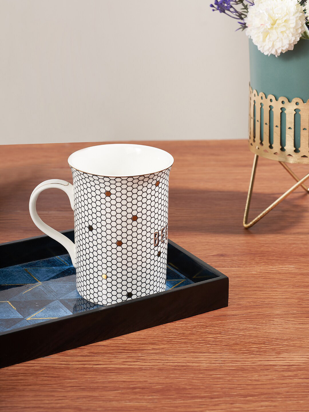 Living scapes by Pantaloons Vishesh Name Personalised White Geometric Bone China Microwave Safe Mug-300ml