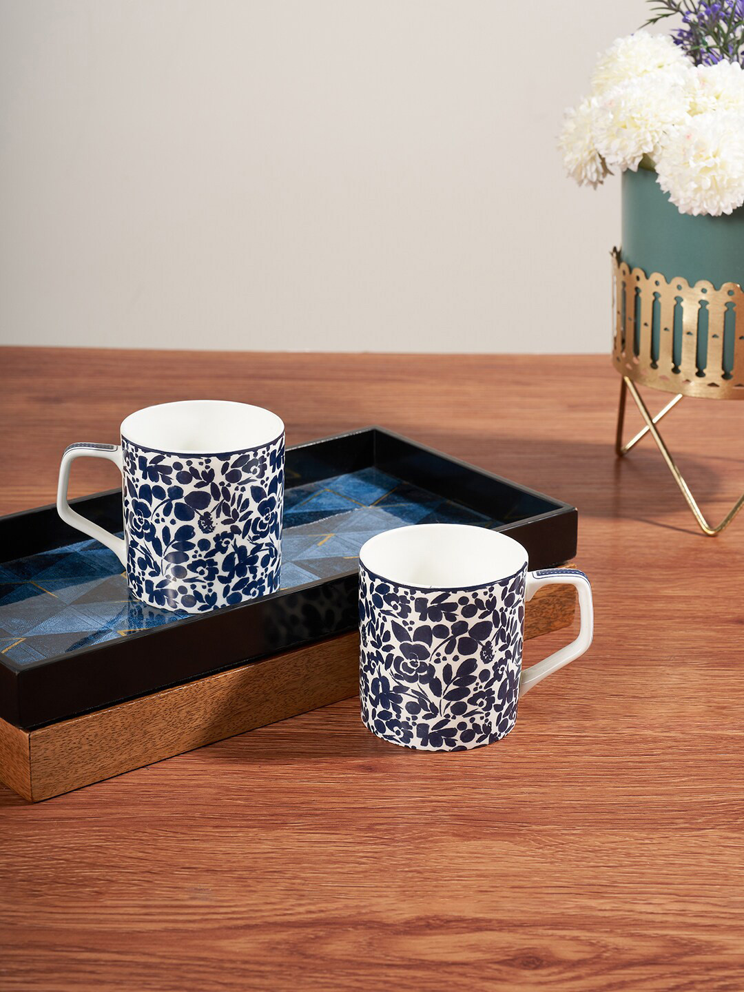 Living scapes by Pantaloons 2 Pcs Blue & White Printed Bone China Matte Cups- 200 ML Each